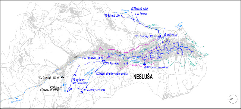 Mapa nového vodovodu v obci Nesluša so zakreslením vodných zdrojov
