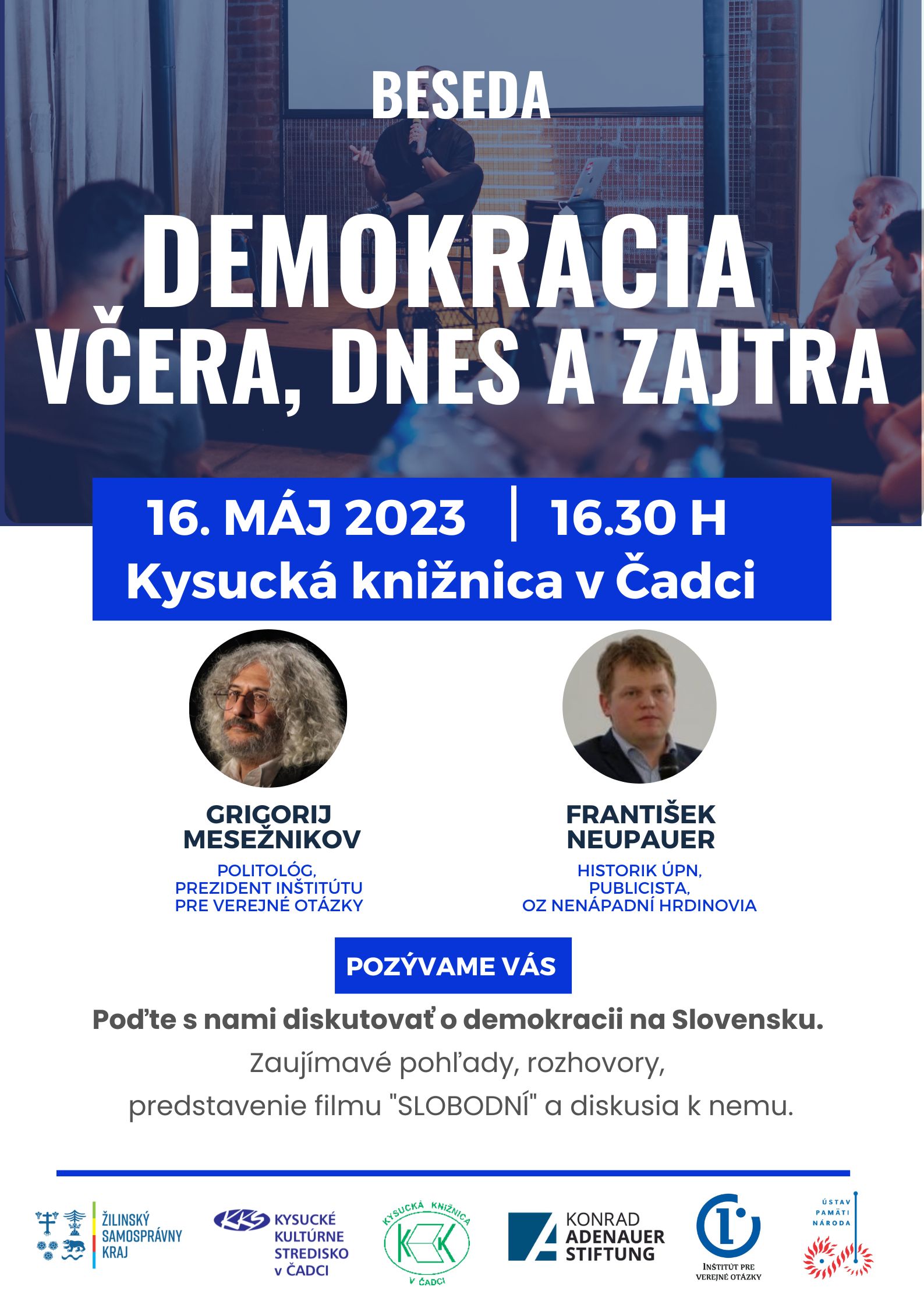 Beseda - demokracia včera, dnes a zajtra - plagát