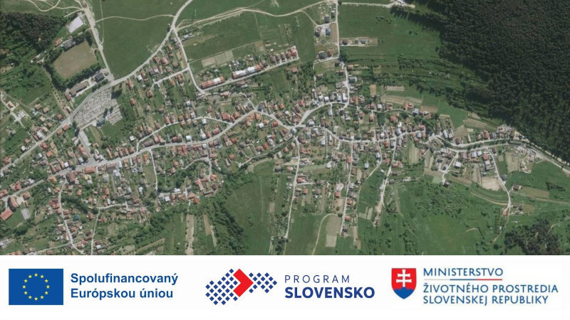 Výrez mapy obce, logá EÚ, Program Slovensko, MŽP SR